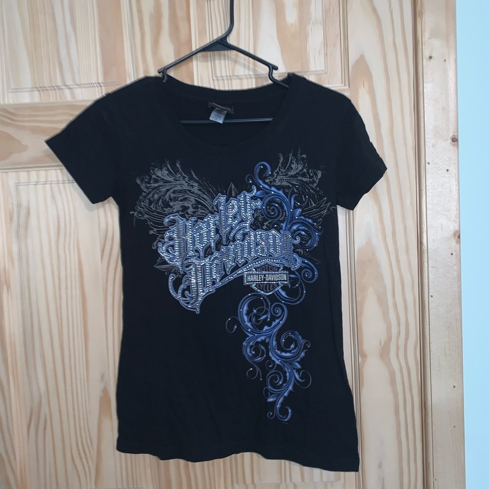 Harley Davidson black embroidered faux rhinestones graphic shirt size S
